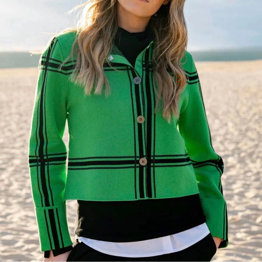Green & Black Button-Up Cardigan Jacket by Marble